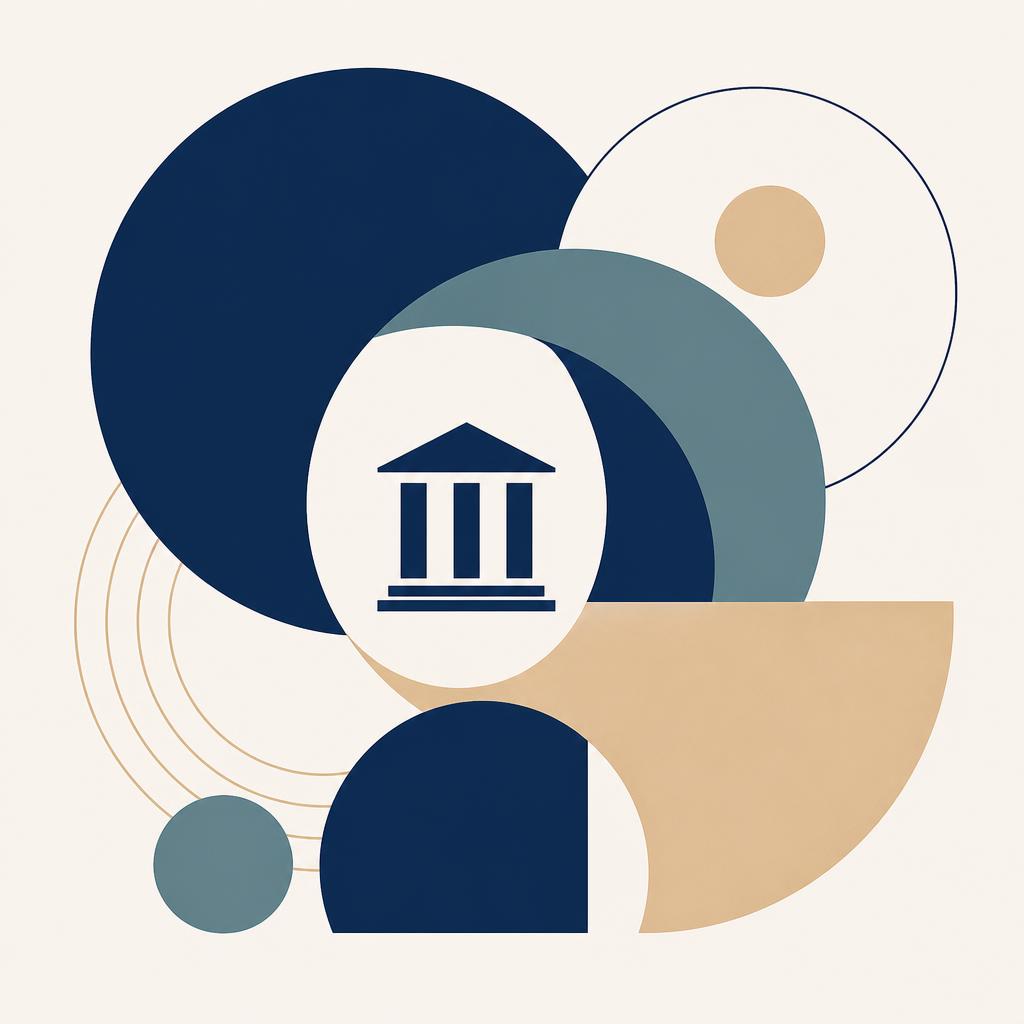 Ilustração institucional em formas geométricas azuis e douradas representando a identidade da JQC Soluções